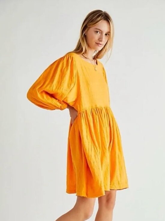 Free People Dresses & Skirts - Free People Gauzy Long Puff Sleeve Oversized Pull-On Babydoll Mini Dress size XS
